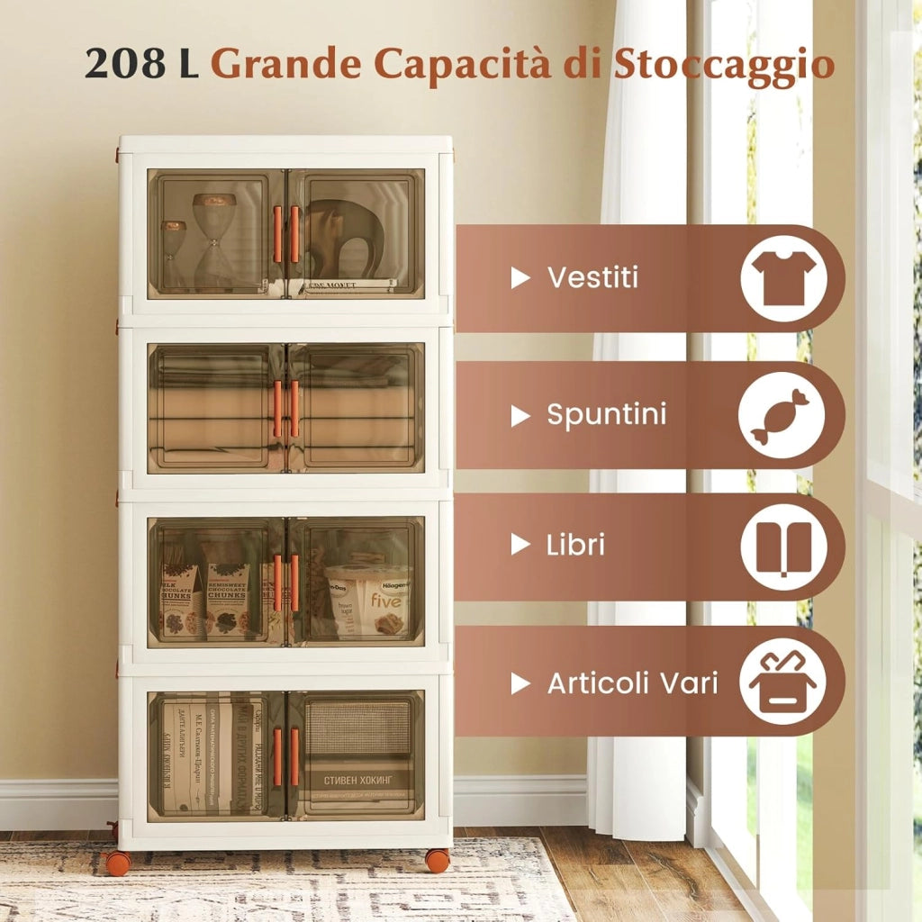 Contenitori Pieghevoli con Coperchio, Set da 4/3 Scatole di Plastica Impilabili con Ruote, per Organizzatore di Armadio con Porte a Apertura Frontale, Multiuso (62,5 x 34,5 x 130,5 cm)