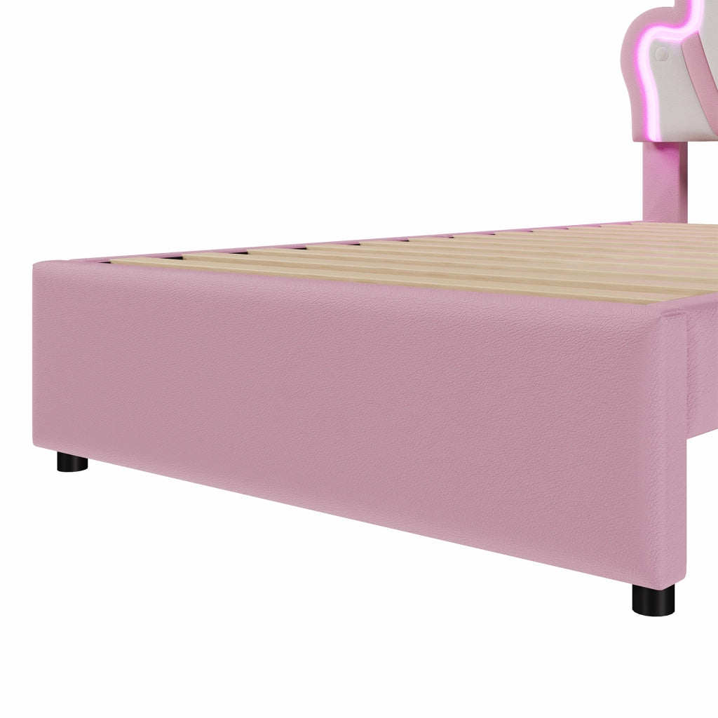 DESMIU Letto per bambini 1 posto con 2 cassetti, LED regolabile e testiera regolabile 90 × 200 cm, senza materasso, rosa