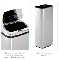 Pattumiera ad Apertura Automatica con Sensore a Infrarossi, in Acciaio Inox, 50L, Colore: Argento