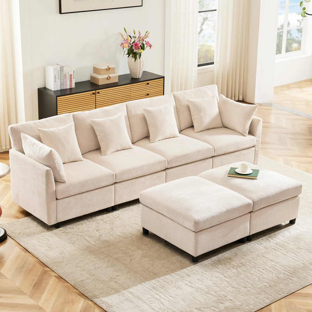 SOFA Modulare 278x161x81 cm in Chenille Beige con 2 pouf e 6 cuscini