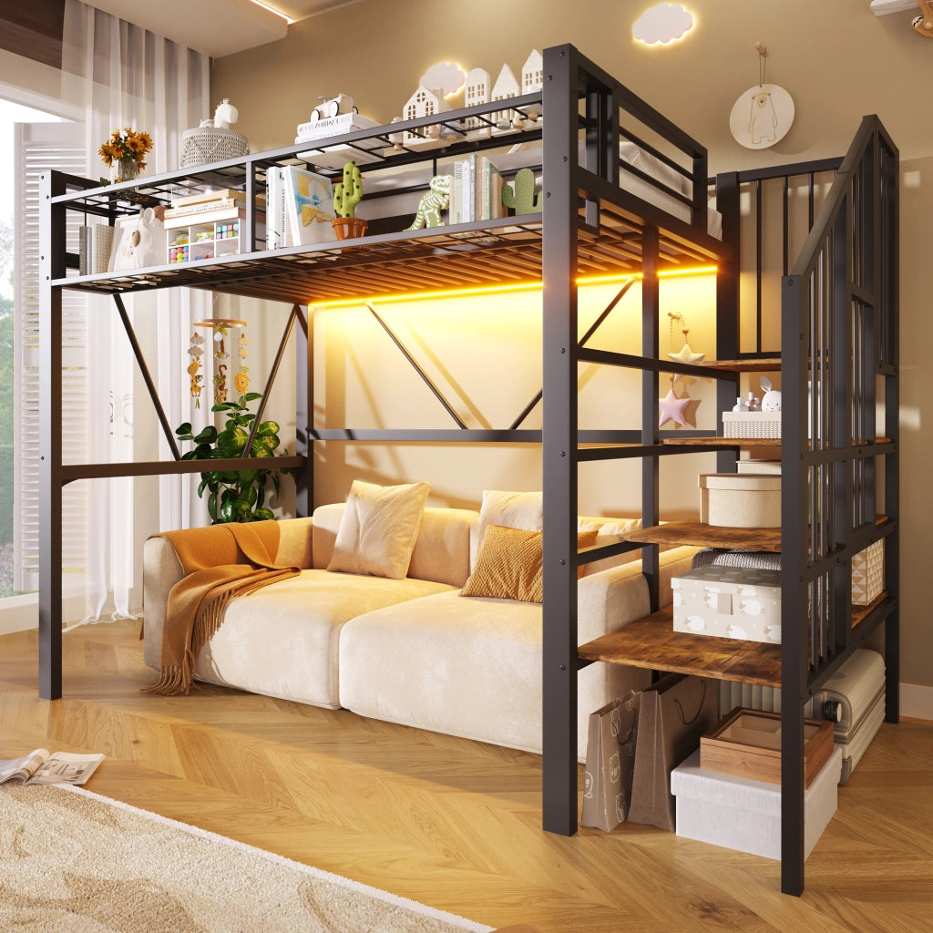 Letto a soppalco 90x200 cm in metallo e MDF con scala a ripiani e LED nero