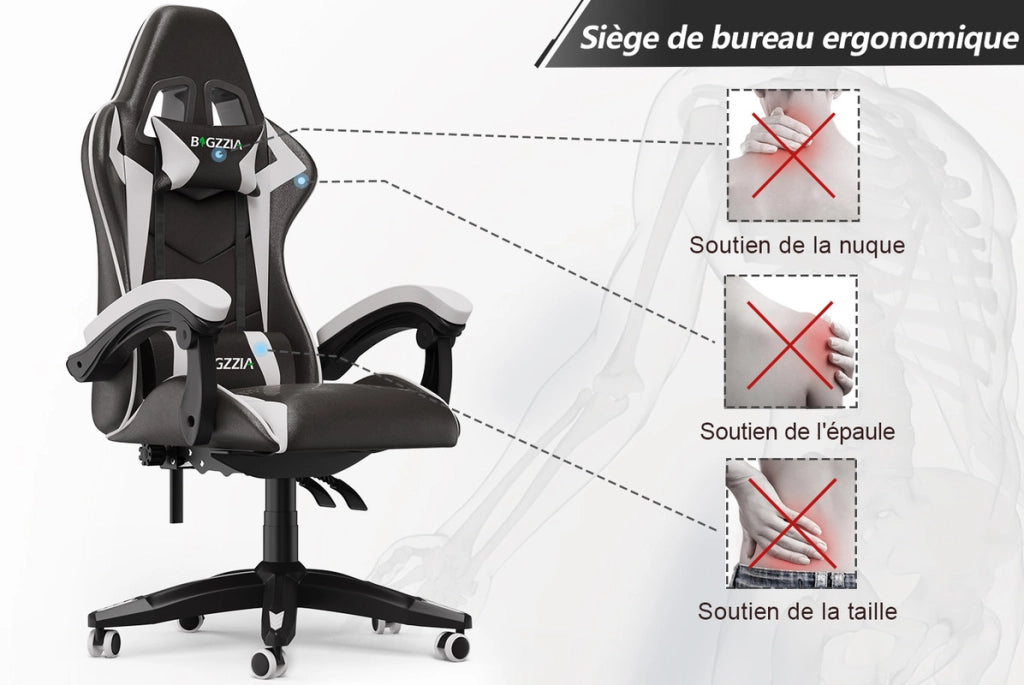 Sedia da gioco,  Sedia da gioco ergonomica, altezza regolabile, schienale reclinabile, braccioli e poggiatesta, nero e bianco