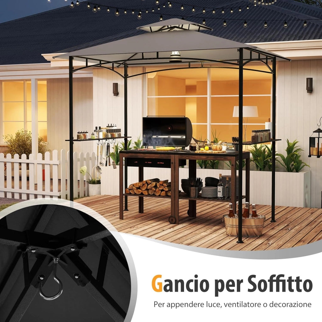 Gazebo per Barbecue 242 x 150 x 250 cm, Bazebo da Giardino per Griglia a Doppio Tetto con 2 Ripiani Laterali e 6 Ganci, Gazebo per BBQ da Giardino, Patio e Terazza, Grigio