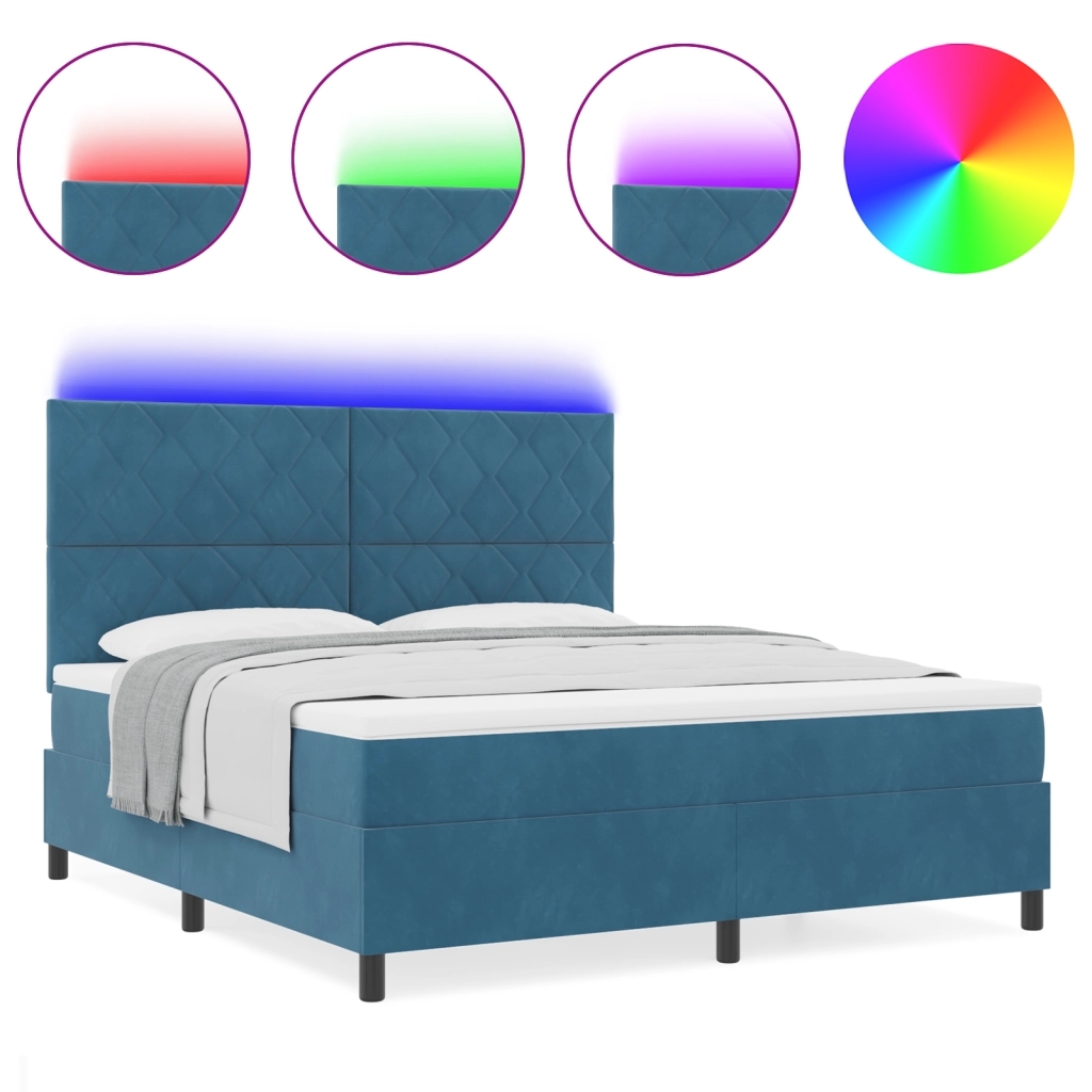 Letto con Box Spring e Materasso & LED Blu Scuro 180x200 cm Velluto