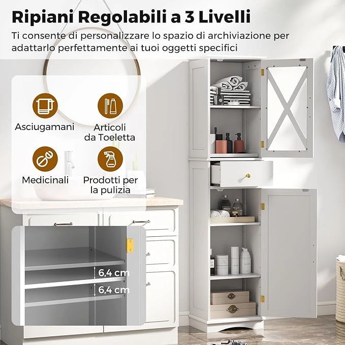 Armadietto da Bagno 40 x 30 x 168 cm, Colonna Bagno con Cassetto, 2 Ante e 3 Ripiani Regolabili, Mobiletto Salvaspazio per Cucina, Soggiorno e Ufficio (Bianco)