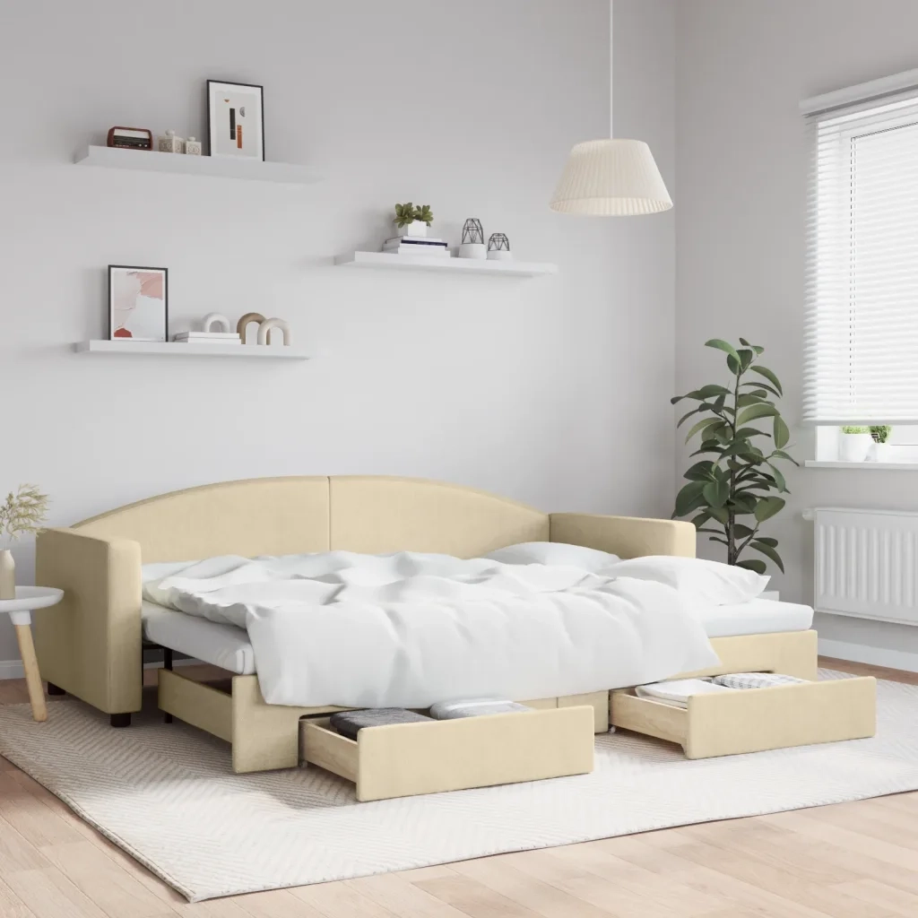 Divano Letto Estraibile con Cassetti-Sofa Letto-Daybed Crema 80x200 cm in Tessuto 978224