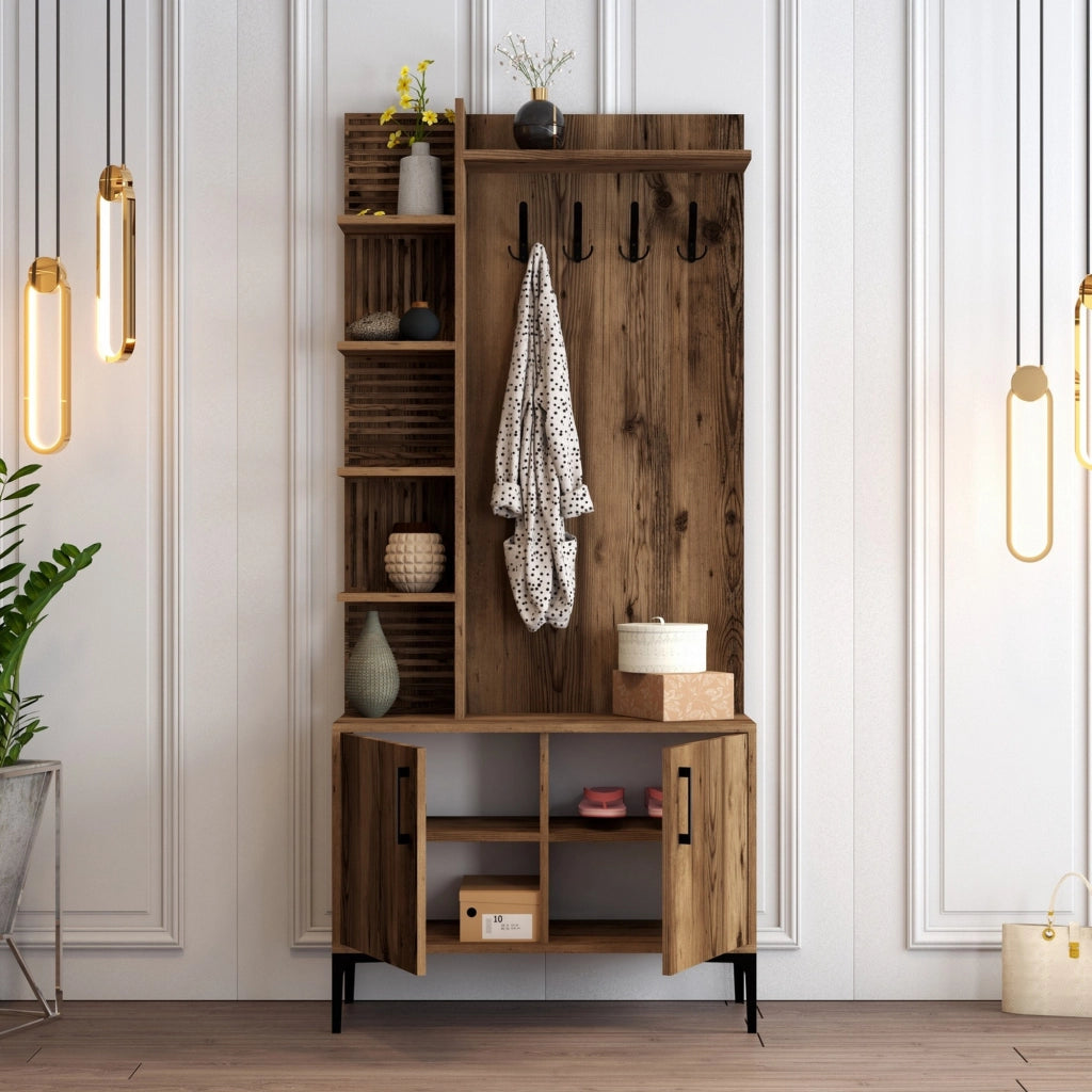 Pecchi, Mobile da Ingresso 8 Ripiani, 90x35x200h cm Marrone Noce