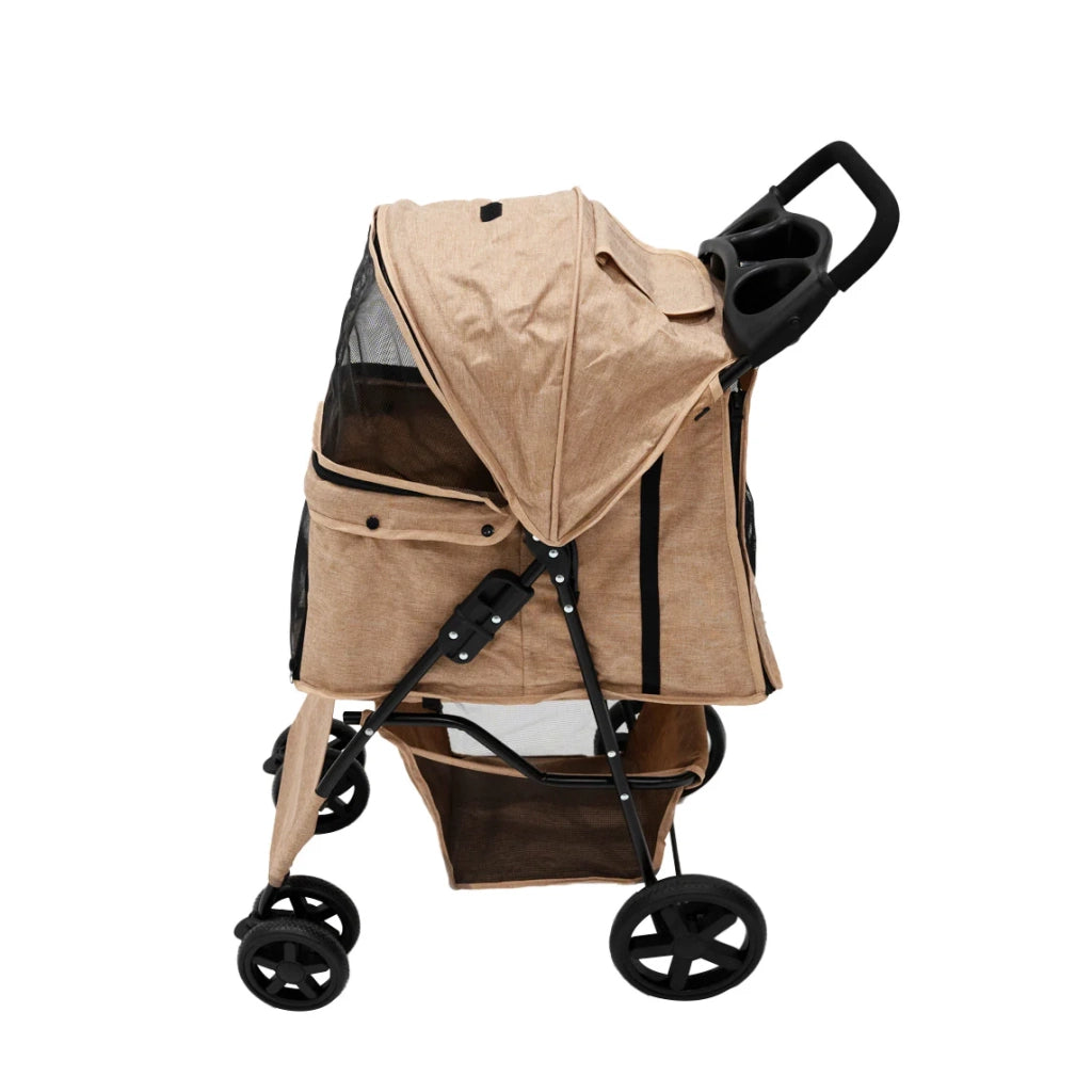 Passeggino Animali Pieghevole Beige Cane Gatto Tettuccio Antipioggia