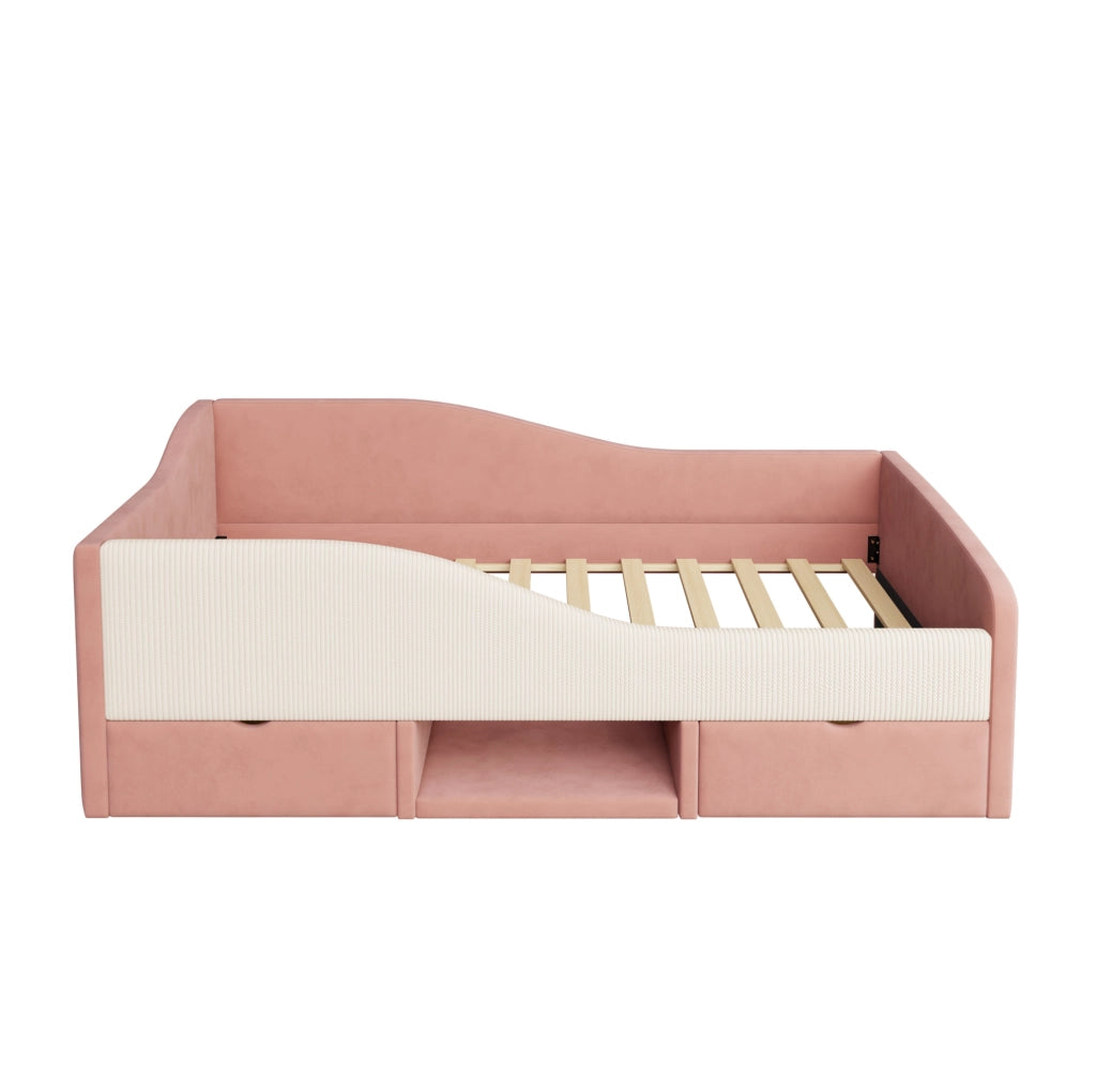 Letto imbottito 90x190 cm con sponde e cassetti in velluto rosa e bianco