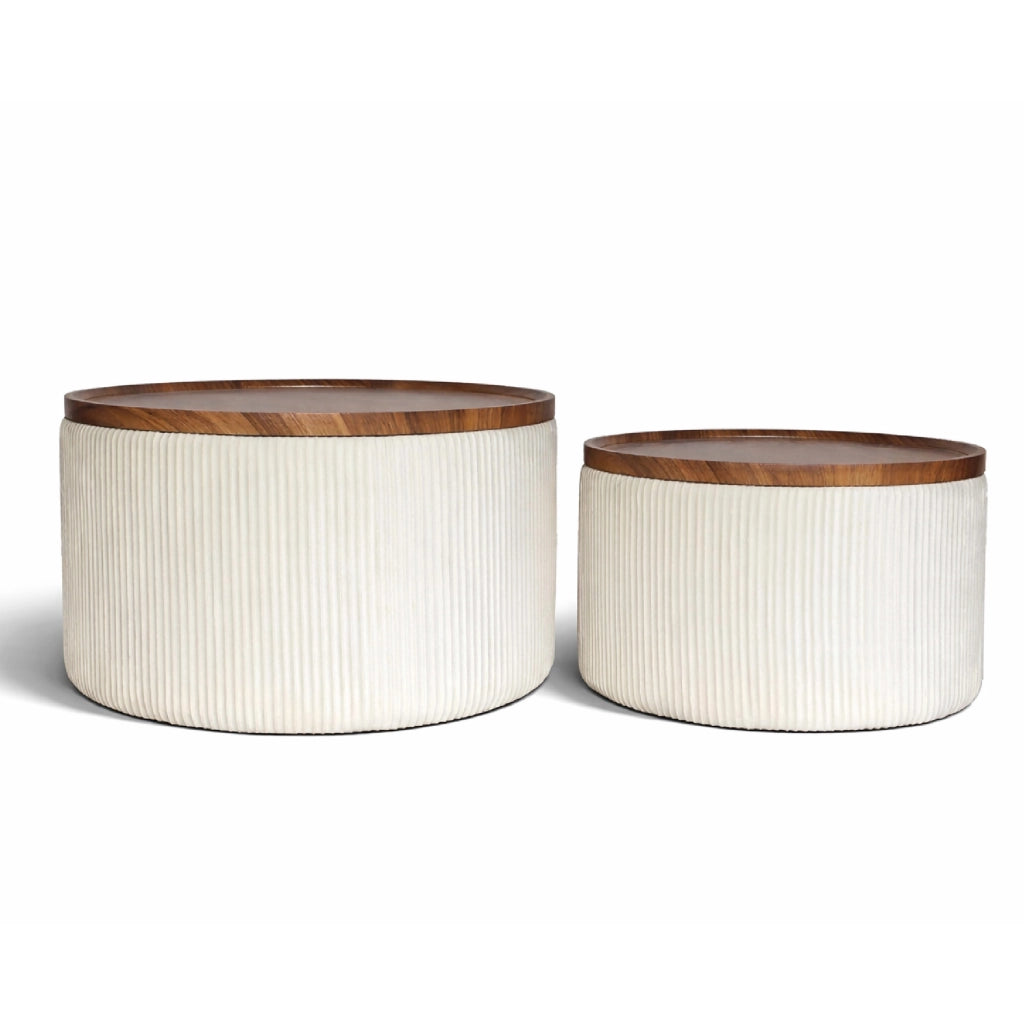 Set 2 Pouf Contenitore Rotondi in Velluto con Coperchio in Legno, Tavolino da Salotto Moderno, Pouf Contenitore Multiuso, Pouf Poggiapiedi, Tavolino Contenitore Salvaspazio Beige