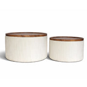 Set 2 Pouf Contenitore Rotondi in Velluto con Coperchio in Legno, Tavolino da Salotto Moderno, Pouf Contenitore Multiuso, Pouf Poggiapiedi, Tavolino Contenitore Salvaspazio Beige