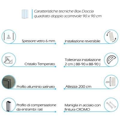 Box doccia angolare 90x90 cm doppio scorrevole in cristallo trasparente Ted