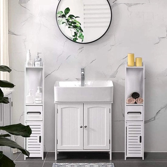 Cassa da bagno 3 in 1 impermeabile con 1 contenitore per carta e 2 pannelli per camera da letto, soggiorno e bagno 80 x 15,5 x 15 cm bianco