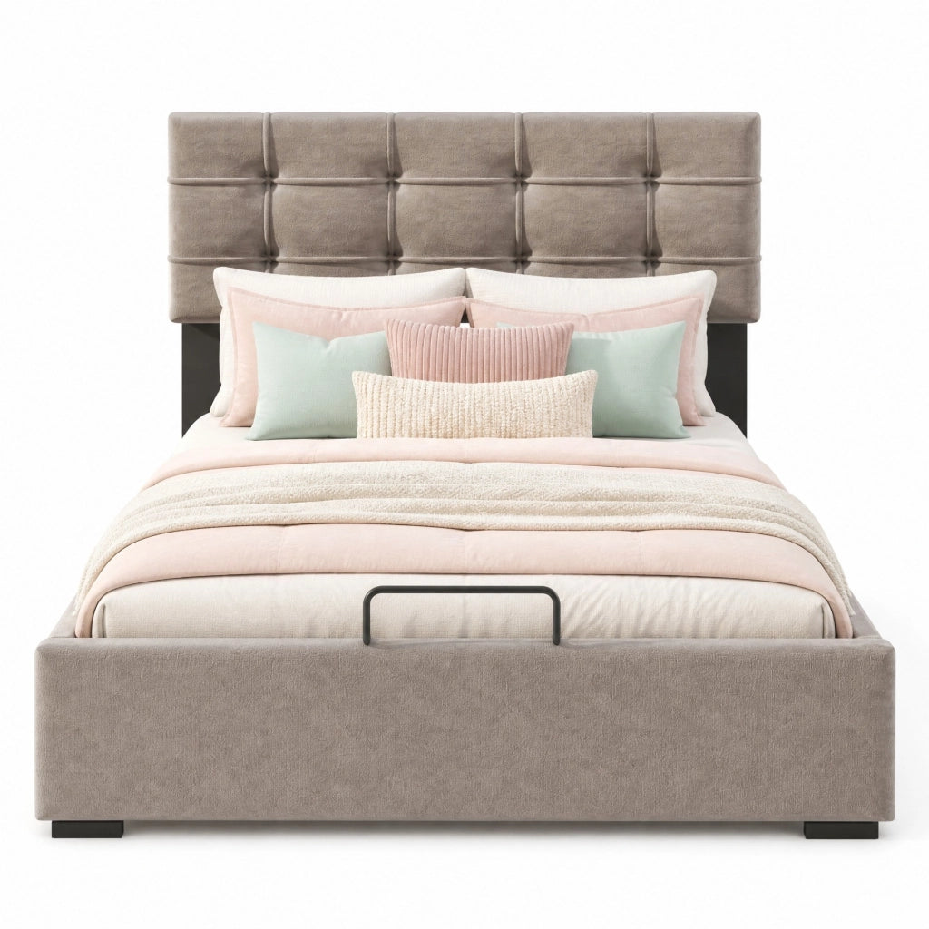 Letto contenitore matrimoniale 140x200 cm in velluto, testiera regolabile, grigio chiaro