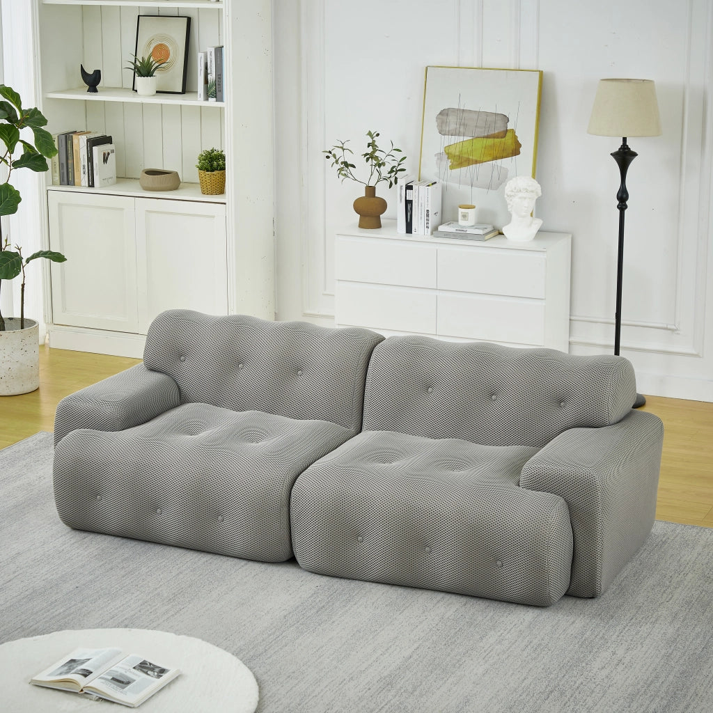 Divano a 2 posti con braccioli ampi, cuciture trapuntate, design moderno in tessuto grigio 224 × 104 × 66 cm