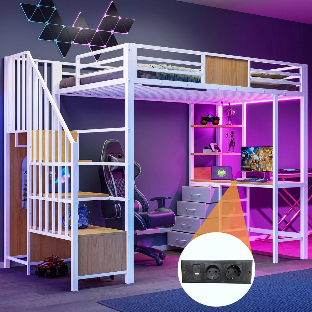 Letto a soppalco 90x200 con scrivania, ripiani, appendiabiti e LED