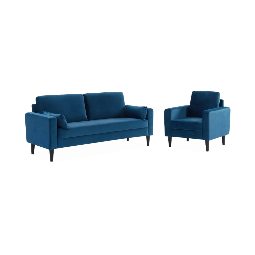 Poltrona scandinava in legno e velluto, blu
