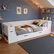 Letto bambini multifunzione 90x200 cm in MDF bianco con cassetti; ripiani e comodino