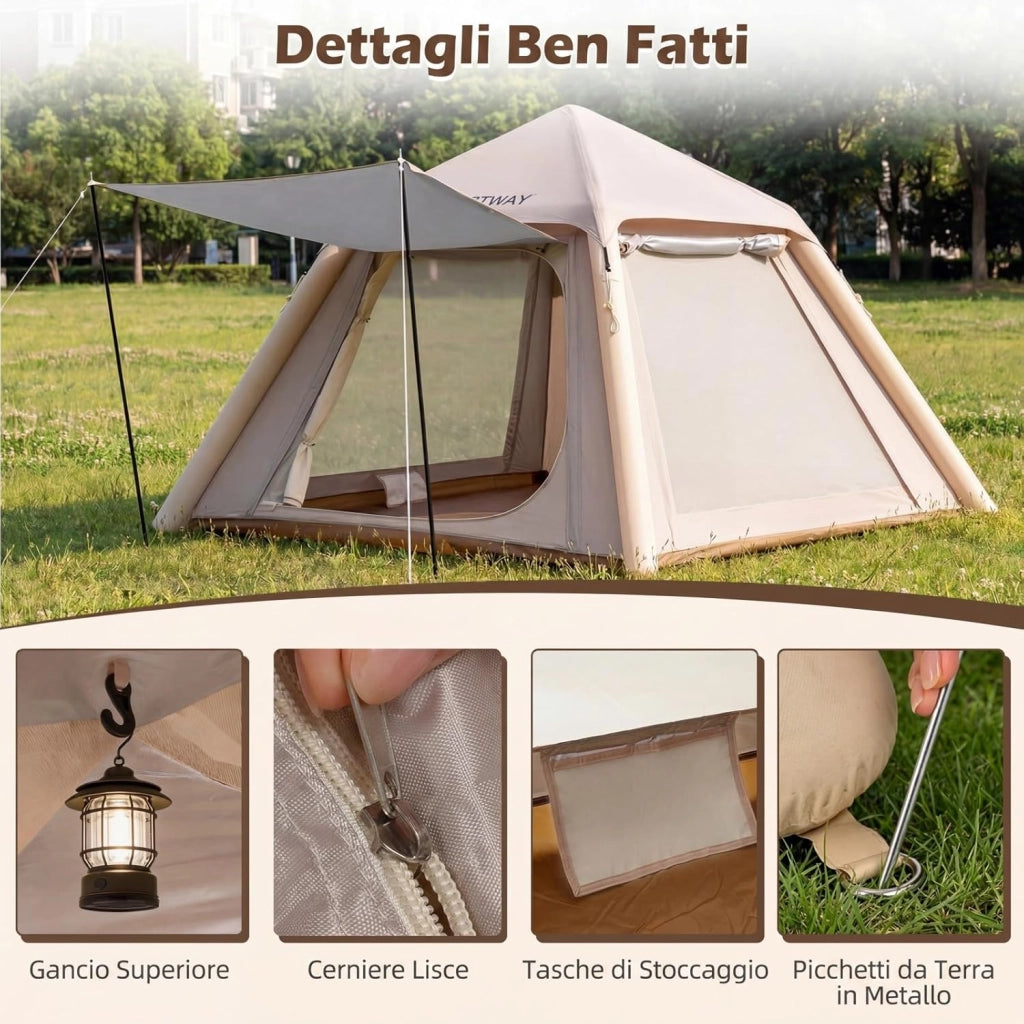 Tenda da Campeggio Gonfiabile, Tenda da Esterno Impermeabile per 2-4 Persone con 2 Porte e Finestre in Rete, Copertura Rimovibile, Pompa ad Aria e Borsa da Trasporto, per Viaggi e Escursionie