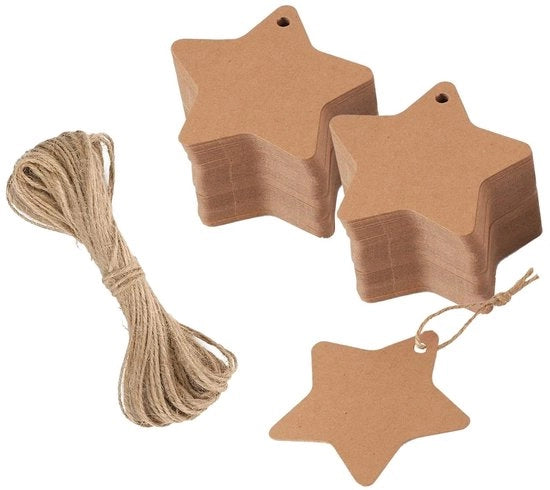 Etichette per regali 200 pezzi - Carta Kraft - Corda in juta 50 m - Forma stellare - Marrone/bianco - 5x5 cm - Accessori per regali