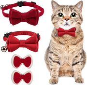 Collare per gatto in poliestere flessibile con campanello e cinturino - Set da 2 - Rosso con fascia farfalla - Taglia S