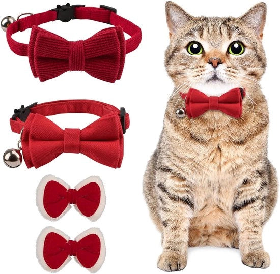 Collare per gatto in poliestere flessibile con campanello e cinturino - Set da 2 - Rosso con fascia farfalla - Taglia S