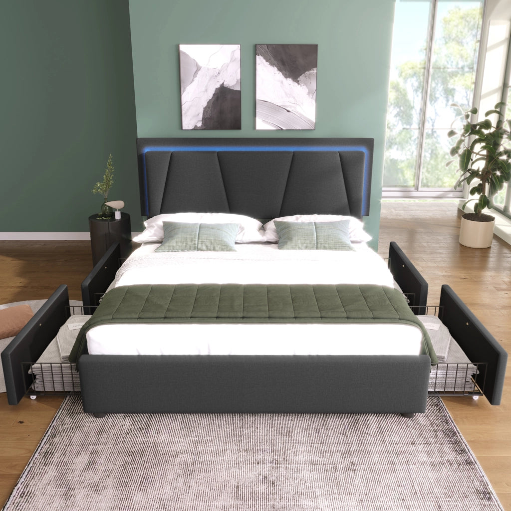 Letto matrimoniale 160x200 grigio con LED, 4 cassetti e testiera regolabile