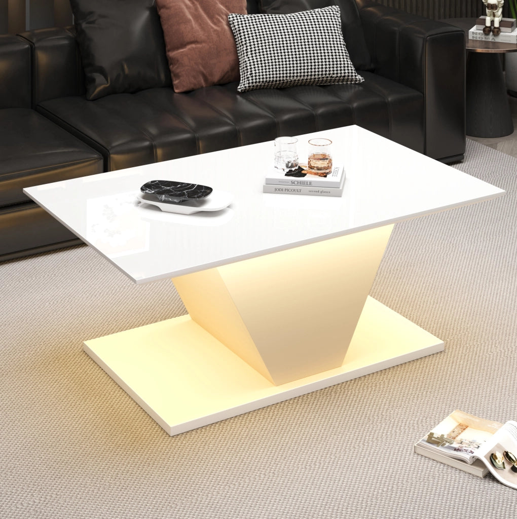 Tavolino da caffè bianco con LED USB, design a V, 100x50x46 cm