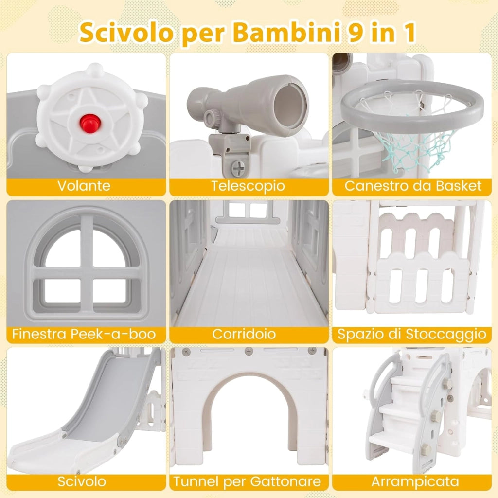 Scivolo per Bambini 9 in 1, Set da Gioco con Canestro da Basket, Telescopio, Volante, Corridoio, Tunnel e Spazio di Archiviazione, Scivolo da Interno ed Esterno per 1+ Anni (Grigio+Bianco)