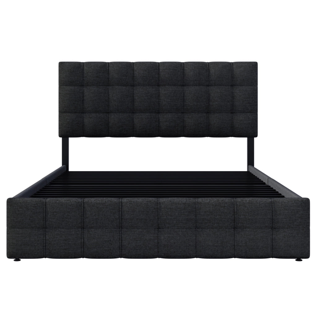 Letto imbottito 140x200 cm con 4 cassetti e testiera regolabile in lino nero