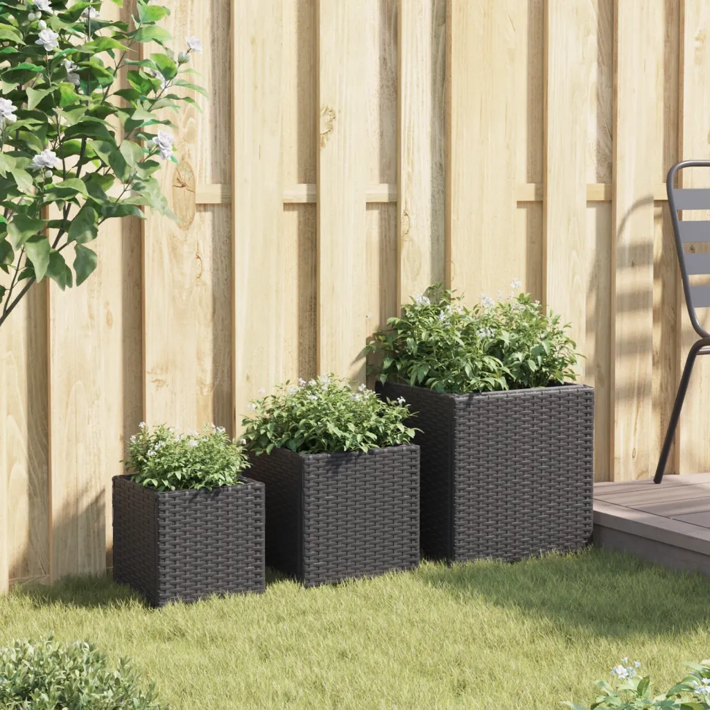 Fioriere | Cassetta per fiori | Vaso da Giardino 3 pz Nere in Polyrattan