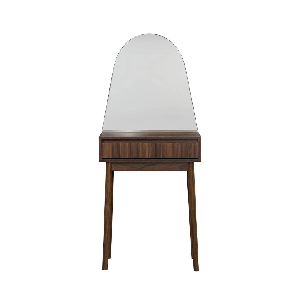 Toeletta trucco decorato in legno, specchio rotondo e 1 cassetto,