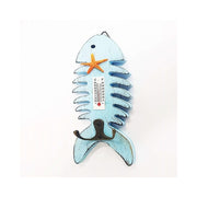 Trade Shop - Termometro Analogico Legno Da Parete Pesce Azzurro Doppio Gancio Per Chiavi -