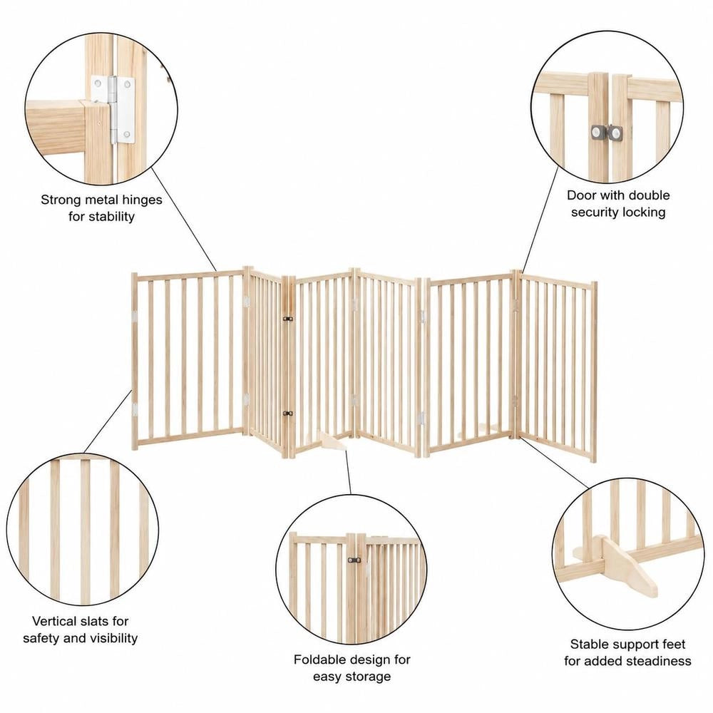 6-piece Dog Gate With Door, Foldable, 480 Cm, Poplar Wood
