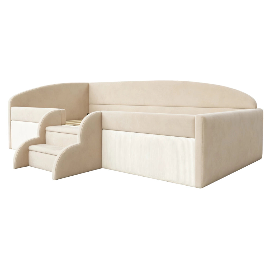 Letto imbottito bambini 90x190 cm con gradini e sponde in velluto beige