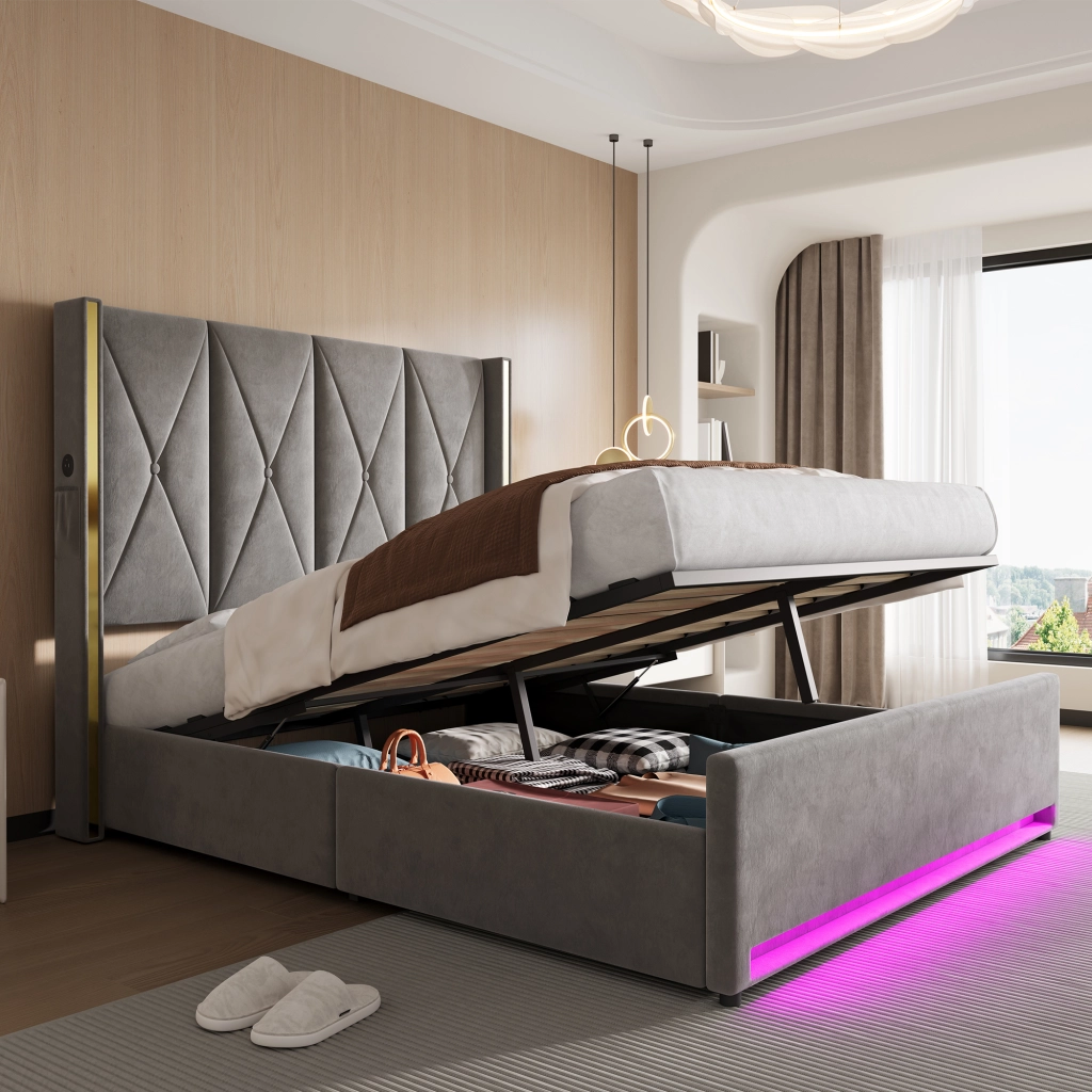 Letti contenitori 160x200 cm con testiera alta; USB; LED e tasche laterali in velluto grigio scuro