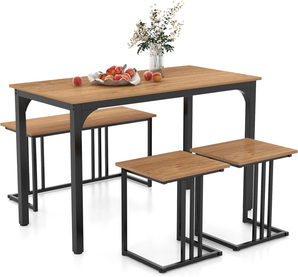 Set Tavolo da Pranzo 4 Pezzi 120x60x75cm, Tavolo da Cucina con 2 SgabellI e Panca in Stile Industriale per Sala da Pranzo, Bar e Ristorante (Marrone)