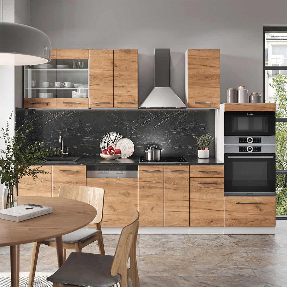 Cucina componibile Fame-Line Rovere dorato/Bianco 300 cm con armadio alto, PL Marmo Vicco