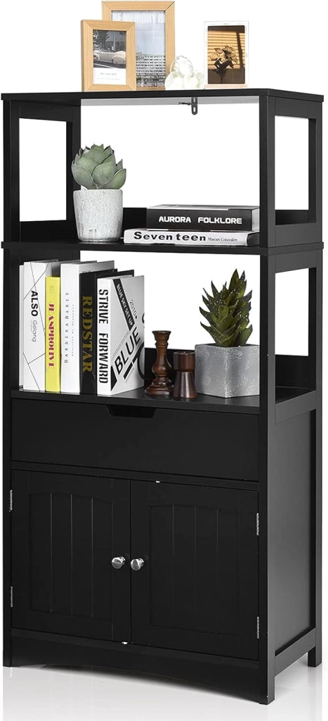 Armadio da bagno con cassetto, armadio alto con 2 ripiani aperti, ripiano multiuso per microonde, 60 x 32,5 x 122 cm (nero)