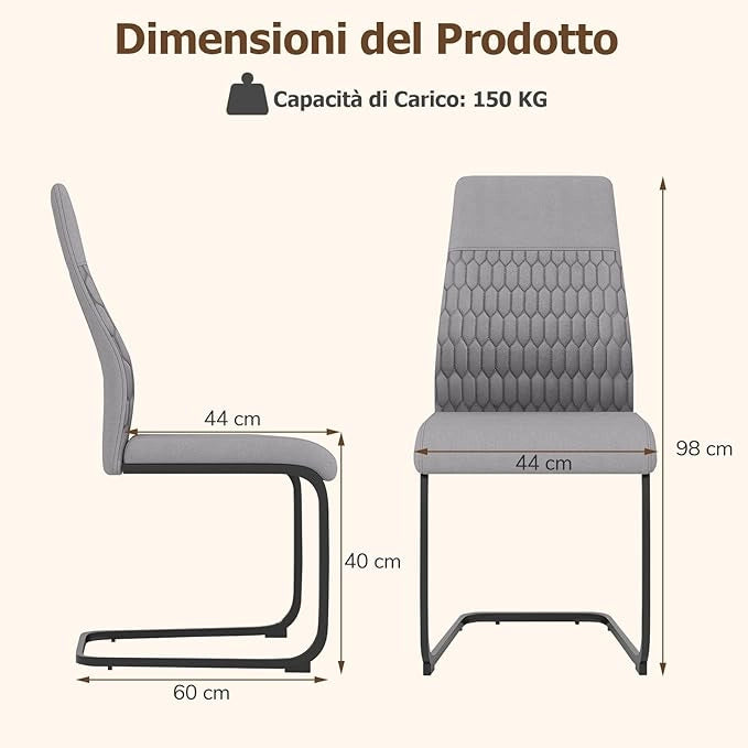 Set di Sedie da Pranzo da 4, Sedia Ergonomica da Cucina Senza Braccioli con Schienale Alto Inclinabile, Base in Metallo a Forma di U e Cuscinetti Antiscivolo, Portata 150 kg, per Interno