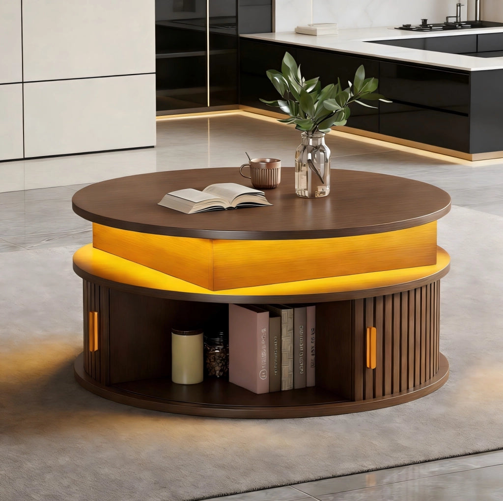 Tavolino da caffè rotondo regolabile con LED, contenitore e ante avvolgibili, noce, 75 cm