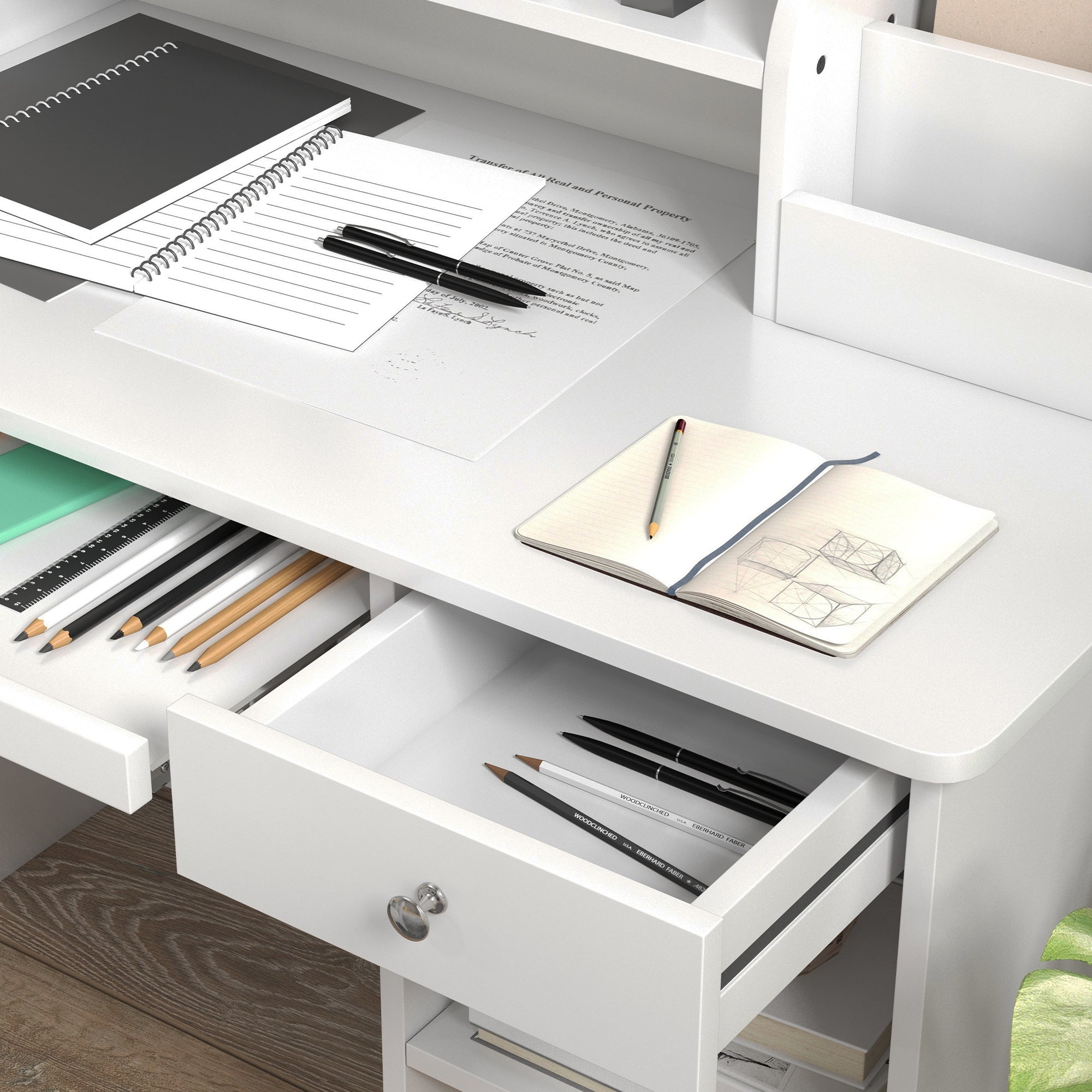 Banco Scuola con Sedia per Bambini con Scaffale e Mensola Estraibile in Legno Bianco