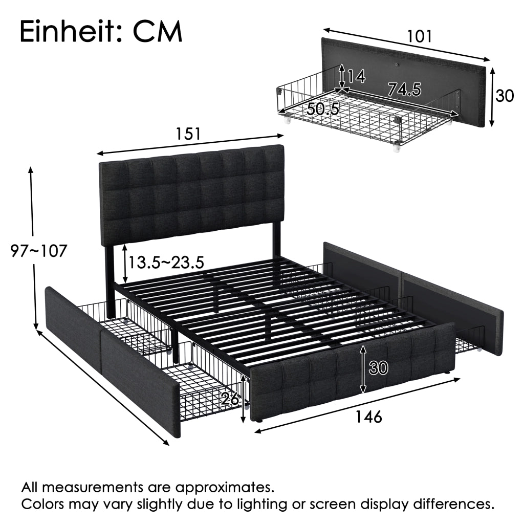 OKWISH Letto con Cassetti 140×200 cm, Letto Matrimoniale con 4 Cassetti, Testiera Regolabile e Contenitore, senza Materasso, in Lino, Nero