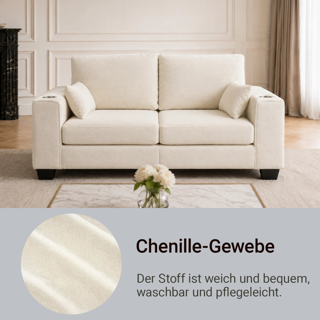 Divano a due posti moderno con portabicchieri e tasche laterali per soggiorno e ufficio in tessuto chenille beige