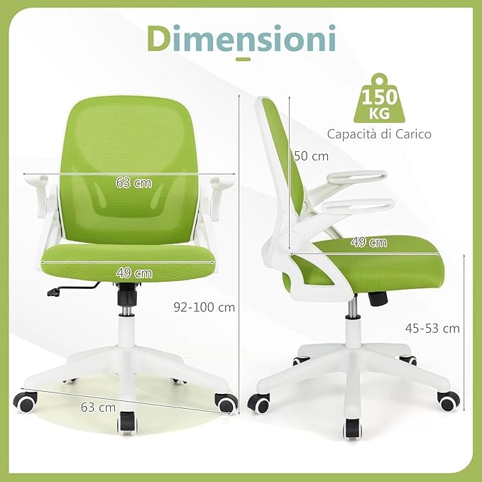 Sedia da Ufficio in Rete, Sedia da Scrivania Ergonomica con Supporto Lombare e Braccioli Ribaltabili, Sedia da Lavoro Girevole, con Ruote Regolabile in Altezza, Portata 150 kg
