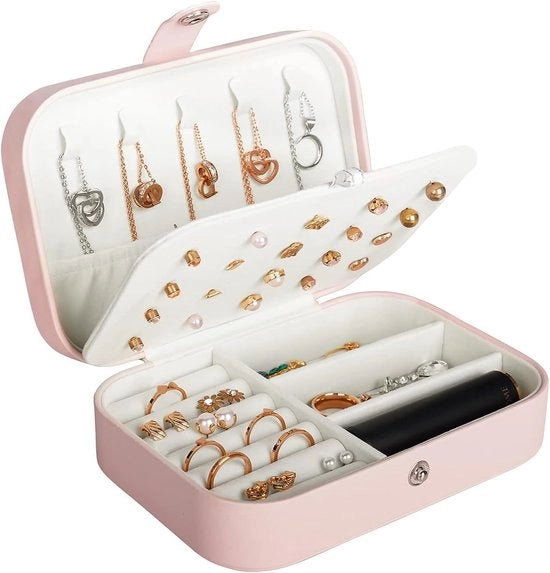 Scatola per gioielli da viaggio, contenitore in pelle PU mini per gioielli, display da viaggio portatile per donne e ragazze, adatto per orecchini, anelli, collane, bracciali (rosa)