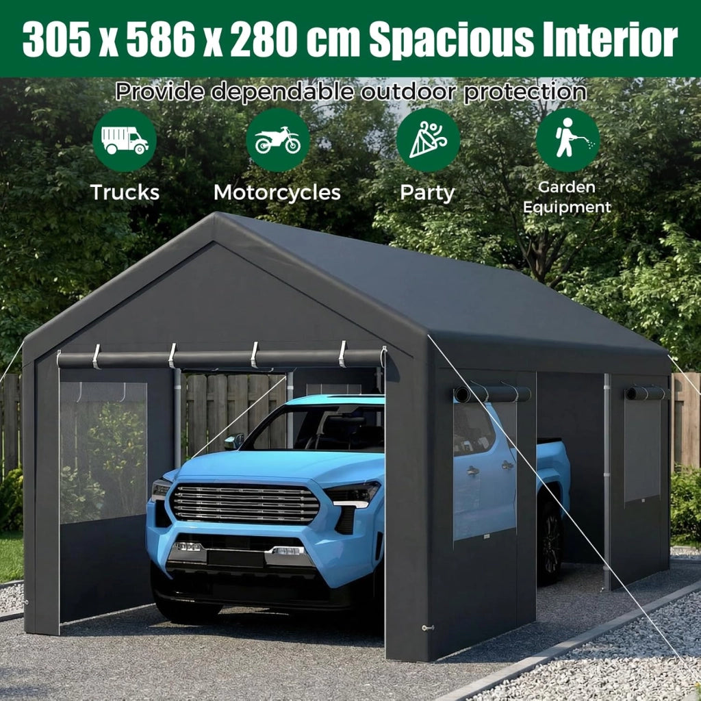 Tenda Garage Auto Esterno, Tettoia per Auto con Telaio in Metallo, Copertura in PE Resistente alle Intemperie, Capanno Giardino per Vehicolo, Bici, Moto, Attrezzi (Grigio, 305 x 586 x 280 cm)