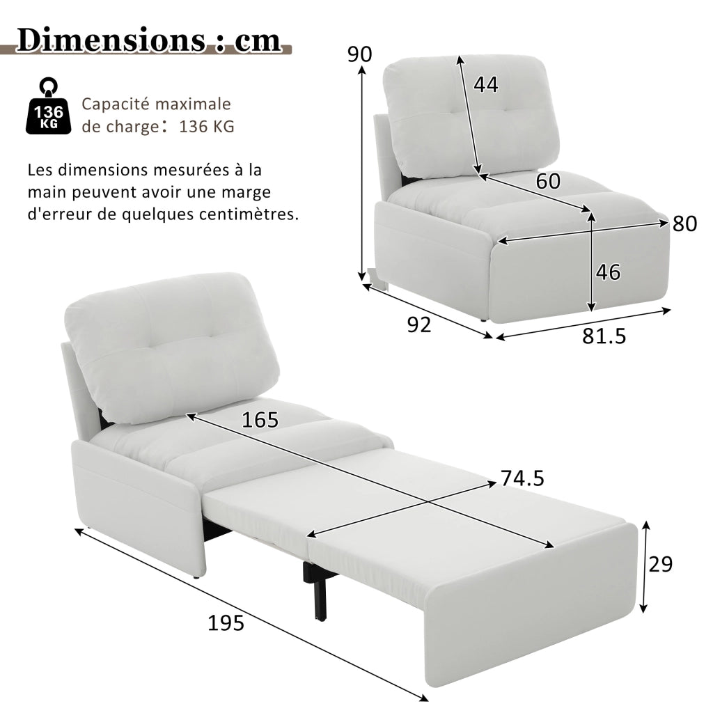DIVANO LETTO 2 in 1 195x81,5 cm Tessuto bianco con materasso incluso