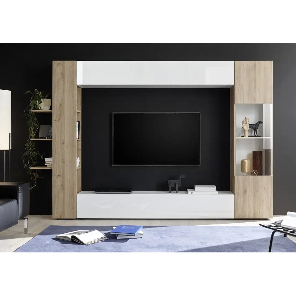 Composizione mobili soggiorno con contenitori, collezione VASCO, bianco laccato/quercia chiara