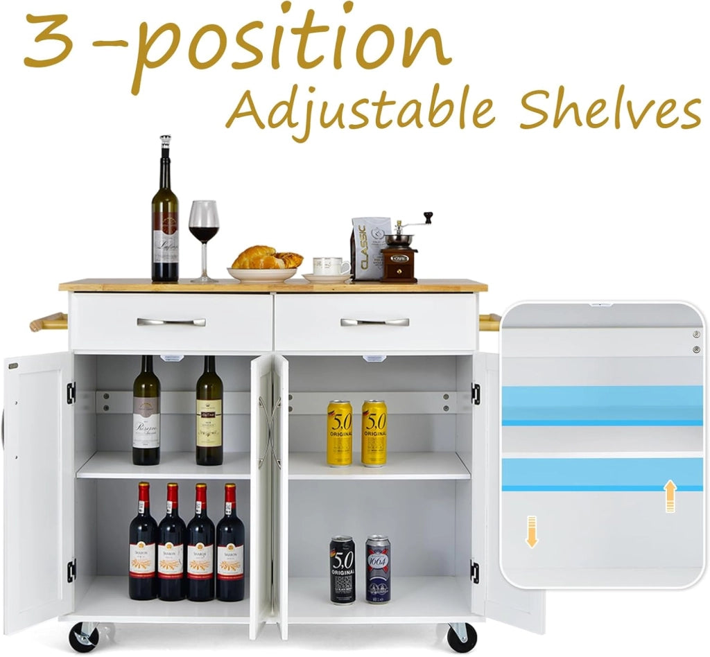 Carrello da cucina a isola con piano di lavoro, carrello da portata in legno con ruote bloccabili, trolley da cucina con 2 cassetti/portasciugamani/doppia porta, mobile da cucina (bianco)